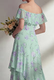 Green A Line Chiffon Off the Shoulder Printed Floral Long Bridesmaid Dress with Ruffles
