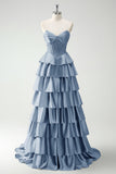 Burgundy Princess Sweetheart Beaded Tiered Corset Long Prom Dress with Slit