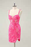 Gorgeous Hot Pink Bodycon Lace Up Glittler Short Homecoming Dress with Slit