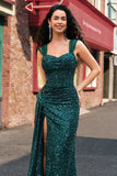 Sparkly Dark Green Sheath Sequin Pleated Long Prom Dress With Thigh Split