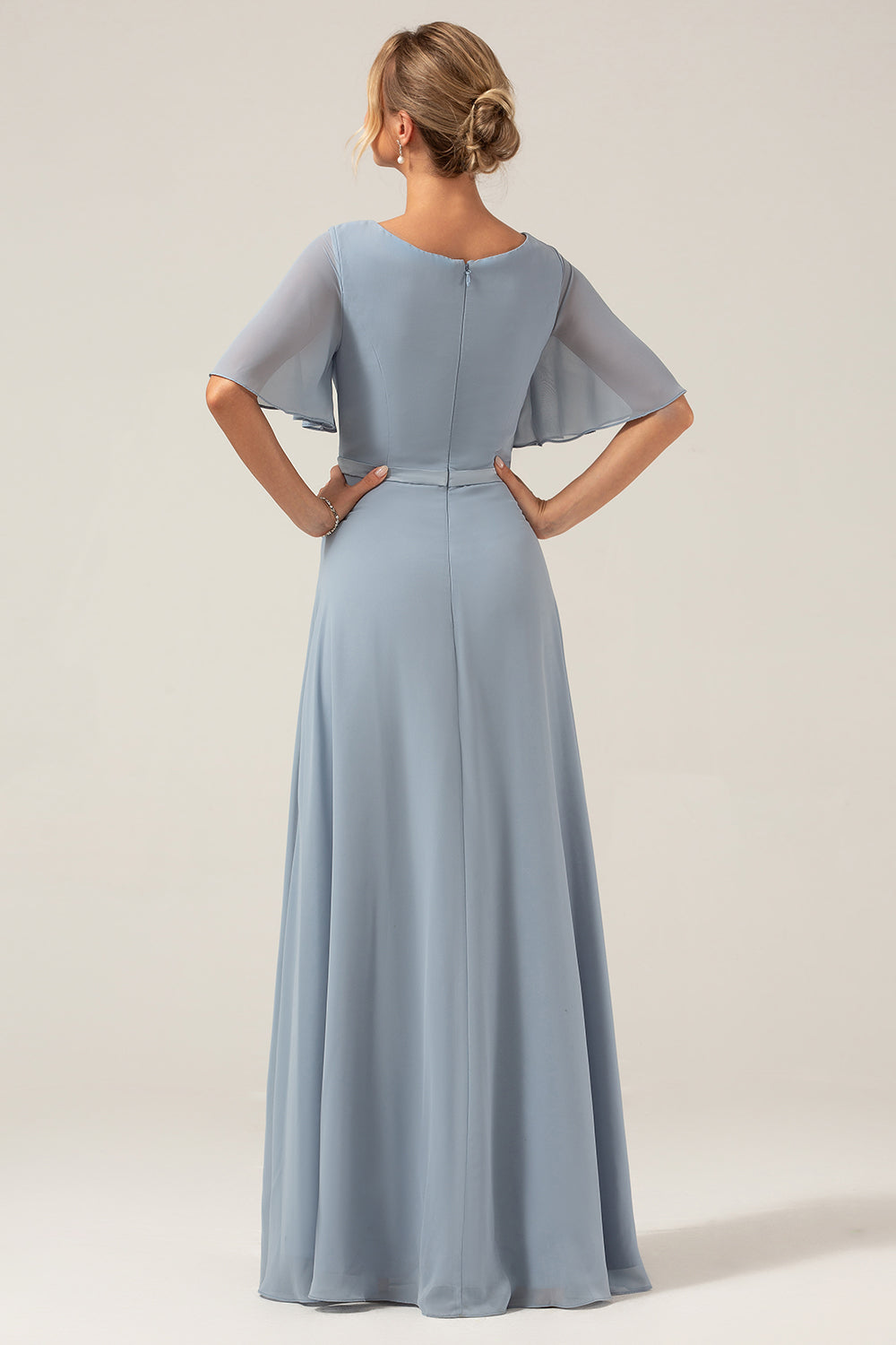 Zapaka Women Dusty Blue Bridesmaid Dress A-Line V Neck Short Sleeves Chiffon Wedding Party Dress ZAPAKA NZ Zapaka Women Dusty Blue Bridesmaid Dress A-Line V Neck Short Sleeves Chiffon Wedding Party Dress ZAPAKA NZ