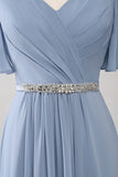 A-Line Chiffon Dusty Blue Long Bridesmaid Dress with Beaded Waist