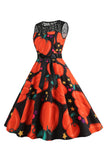 Black Orange Halloween Pumpkin Printed Vintage 1950s Dress