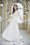 White A-Line V Neck Lace Bell Sleeves Long Wedding Party Dress