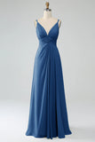 Lilac A-Line Spaghetti Straps Pleated Chiffon Long Bridesmaid Dress