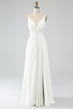 Lilac A-Line Spaghetti Straps Pleated Chiffon Long Bridesmaid Dress