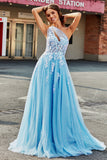 Light Blue A Line One Shoulder Long Tulle Ball Dress With Appliques