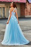 Light Blue A Line One Shoulder Long Tulle Ball Dress With Appliques