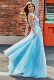 Light Blue A Line One Shoulder Long Tulle Ball Dress With Appliques