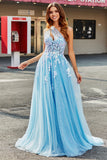 Light Blue A Line One Shoulder Long Tulle Ball Dress With Appliques