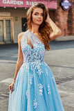 Light Blue A Line One Shoulder Long Tulle Ball Dress With Appliques