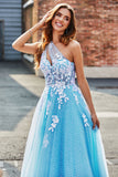 Light Blue A Line One Shoulder Long Tulle Ball Dress With Appliques