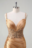 Sparkly Champagne Mermaid Watteau Train Corset Sequins Satin Prom Dress with Slit