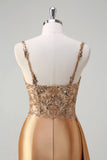 Sparkly Champagne Mermaid Watteau Train Corset Sequins Satin Prom Dress with Slit