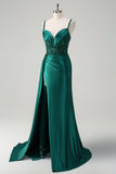 Sparkly Champagne Mermaid Watteau Train Corset Sequins Satin Prom Dress with Slit