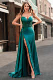 Mermaid Sparkly Champagne Watteau Train Corset Sequins Satin Prom Dress with Slit