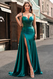 Mermaid Sparkly Champagne Watteau Train Corset Sequins Satin Prom Dress with Slit