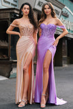 Champagne Mermaid Off the Shoulder Corset Long Prom Dress with Slit