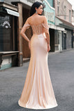 Champagne Mermaid Off the Shoulder Corset Long Prom Dress with Slit