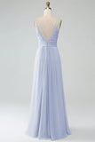 Lilac A-Line Spaghetti Straps Pleated Chiffon Long Bridesmaid Dress