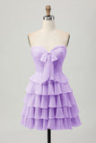 Yellow Strapless A Line Tiered Homecoming Dress with Bow