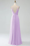 Lilac A-Line Spaghetti Straps Pleated Chiffon Long Bridesmaid Dress