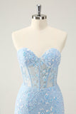 Light Blue Corset Sequins Sweetheart Short Tight Homecoming Dress with Lace-up Back