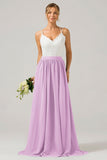 Lvory Open Back Boho Chiffon Long Bridesmaid Dress with Lace