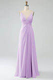 Lilac A-Line Spaghetti Straps Pleated Chiffon Long Bridesmaid Dress