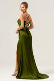 Sage Mermaid Spaghetti Straps Corset Satin Bridesmaid Dress with Slit