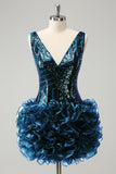 Glitter Dark Green V Neck Sequins Homecoming Dress with Detachable Ruffles