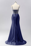 Sparkly Grey Blue Mermaid Ruched Corset Satin Long Prom Dress with Rhinestones
