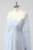 Lace Light Blue Chiffon Long Sleeves Spaghetti Straps Mother of the Bride Dress