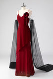 Red Spaghetti Straps Cape Sleeves Sheath Formal Dress