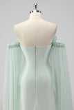 Light Green Strapless Cape Sleeves Sheath Wedding Guest Dress