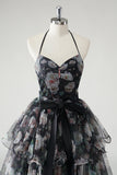 Black A Line Tiered Halter Floral Wedding Guest Dress With Detachable Hem