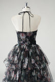 Black A Line Tiered Halter Floral Wedding Guest Dress With Detachable Hem