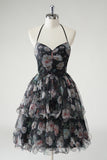 Black A Line Tiered Halter Floral Wedding Guest Dress With Detachable Hem