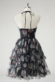 Black A Line Tiered Halter Floral Wedding Guest Dress With Detachable Hem