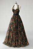 A Line Floral Printed Halter Dark Green Wedding Guest Dress