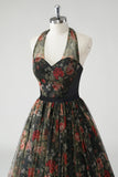 A Line Floral Printed Halter Dark Green Wedding Guest Dress