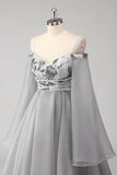 Cold Shoulder Grey Appliques Chiffon A Line Long Sleeves Porm Dress