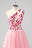 Pink One Shoulder Hollow Out A Line Appliques Long Prom Dress