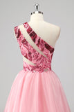 Pink One Shoulder Hollow Out A Line Appliques Long Prom Dress