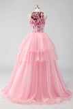 Sparkly Pink Halter Corset Appliques Tiered Long Prom Dress