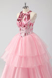 Sparkly Pink Halter Corset Appliques Tiered Long Prom Dress