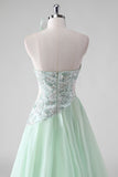 Light Green Sequins A Line Strapless Ruched Wedding Guest Dress