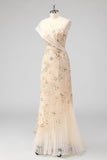 Champagne Mermaid One Shoulder Beaded Prom Dress with Appliques