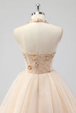 A Line Tiered Champagne Halter Beaded Formal Dress