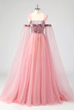 A Line Pink Cape Sleeves Off The Shoulder Sequins Formal Dress